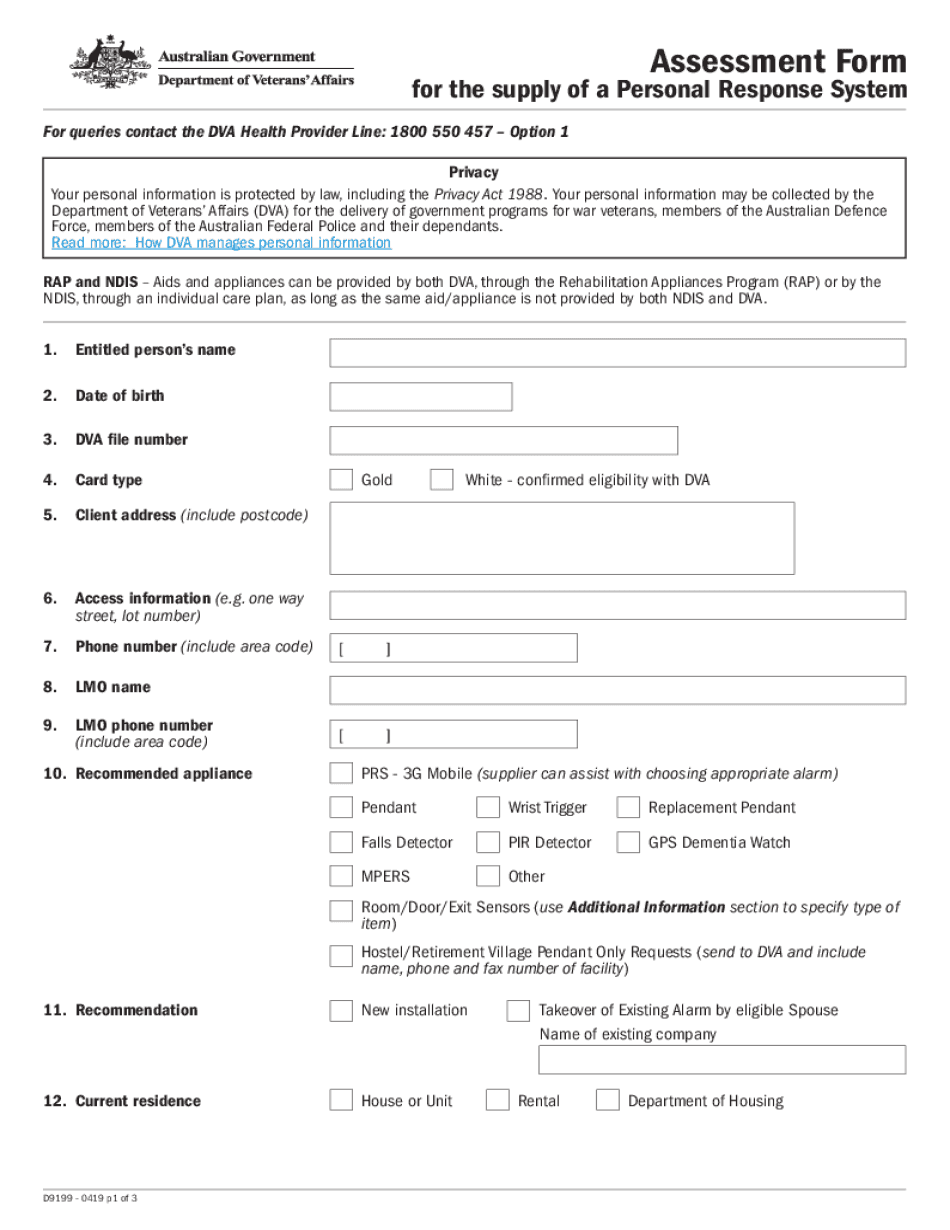  D9199 Assessment Form for the Supply of a Personal Response System D9199 Assessment Form for the Supply of a Personal Response S 2019