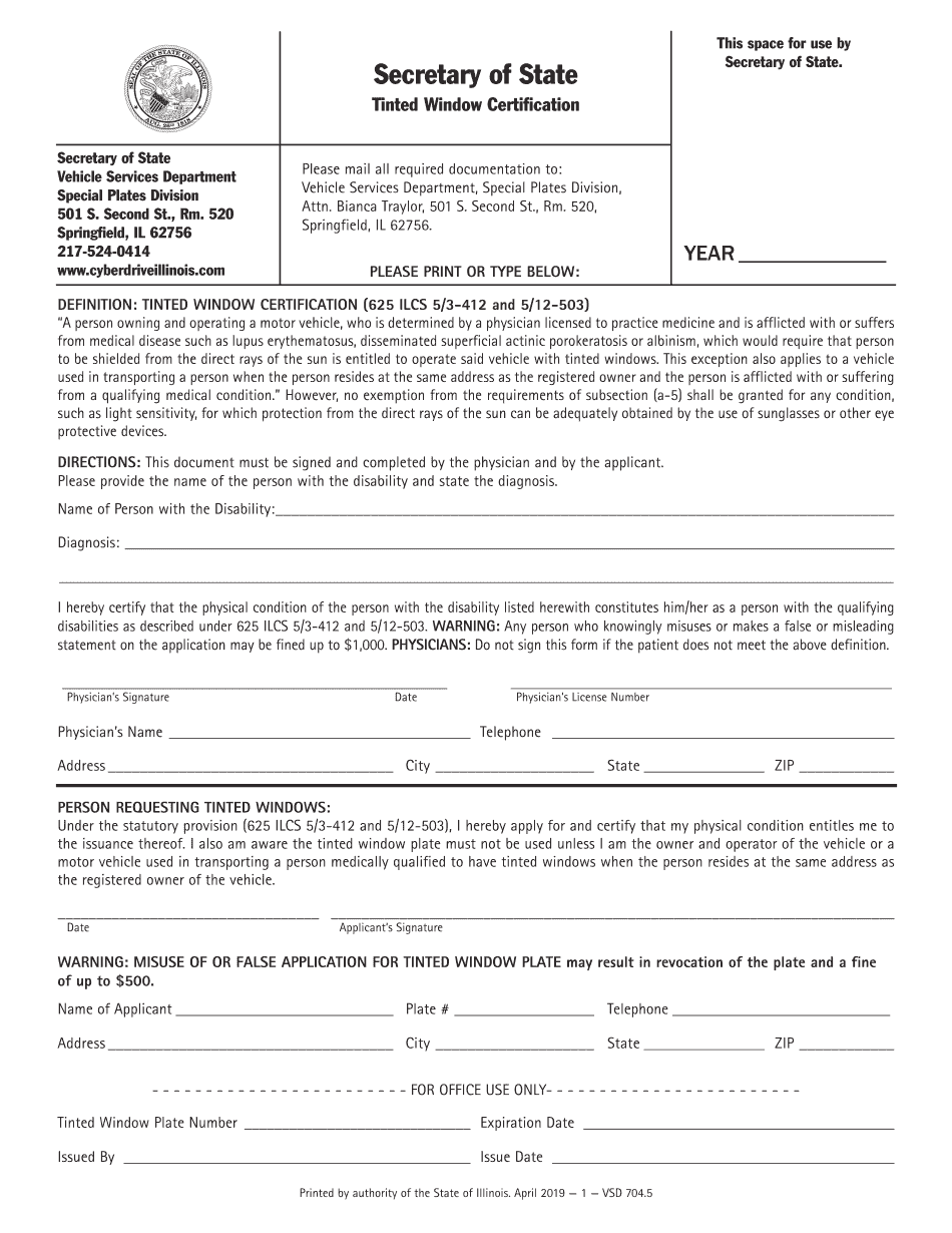  Illinois Tinted Window Form 2019