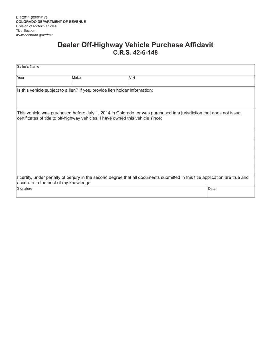  Dealer off Highway Vehicle Purchase Affidavit 2017-2024