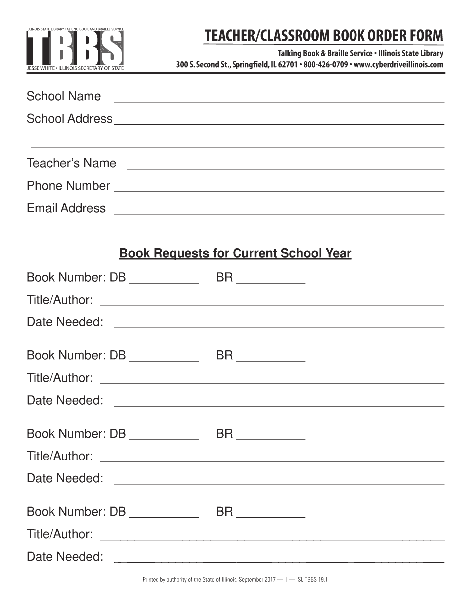 Talking Book and Braille Service TeacherClassroom Book Order Form