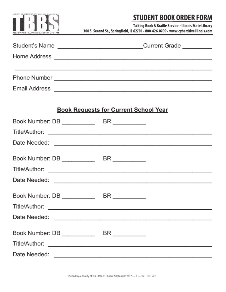  Illinois Talking Booke and Braille Student Book Order Form 2017-2024