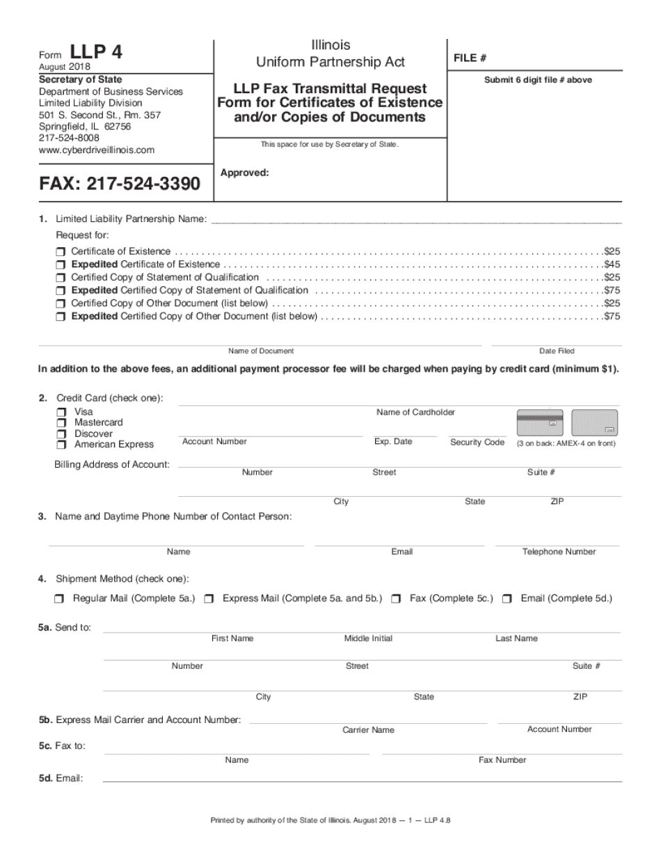  Illinois LLP Fax Transmittal Request Form for Certificates of Existence and or Copies of Documents 2018