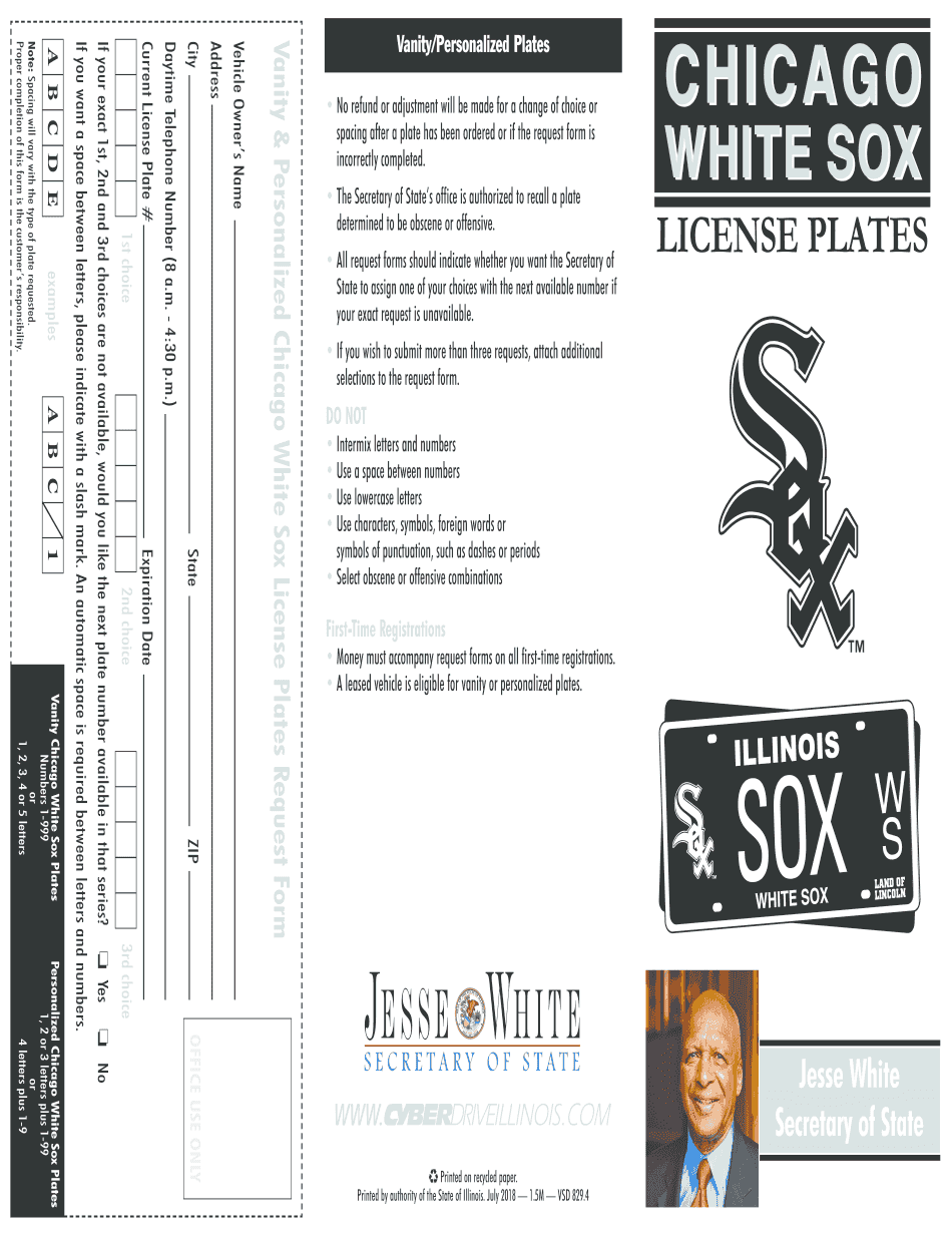  Chicago White Sox Illinois License Plate BrochureRequest Form 2018-2024