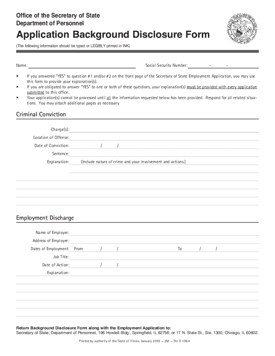  Application Background Disclosure Form Illinois Secretary of State Application Background Disclosure Form for Employment 2019
