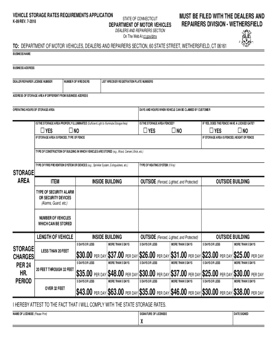  Form K 89 Vehicle Storage Rates Requirements Application 2018-2024