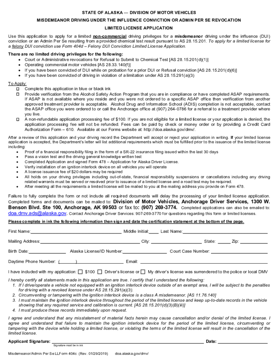  MISDEMEANOR DRIVING under the INFLUENCE CONVICTION or ADMIN PER SE REVOCATION 2019-2024