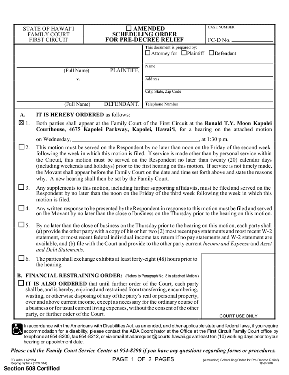  AMENDED SCHEDULING ORDER for PRE DECREE RELIEF 2014-2024