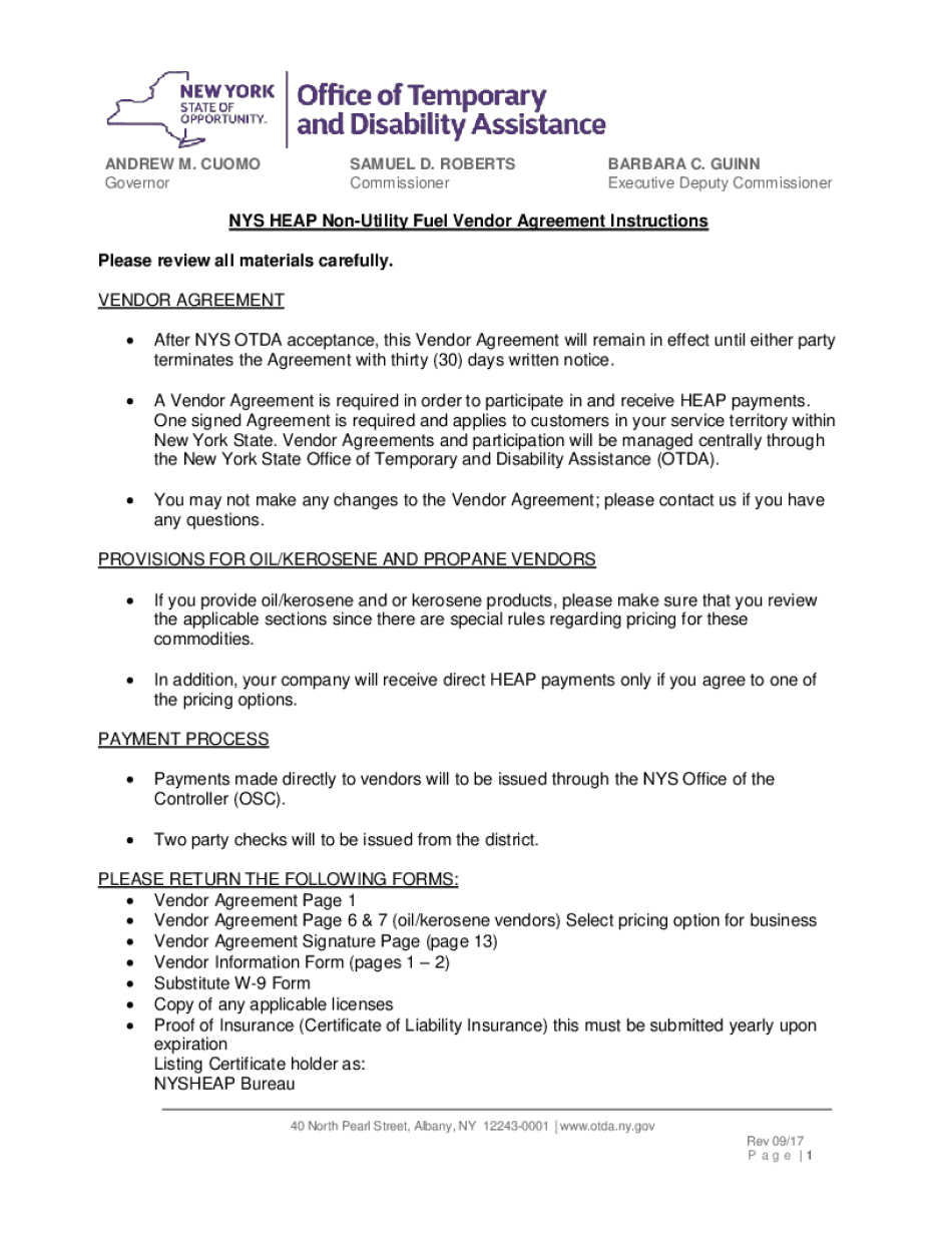 NYS HEAP Non Utility Fuel Vendor Agreement Instructions  Form