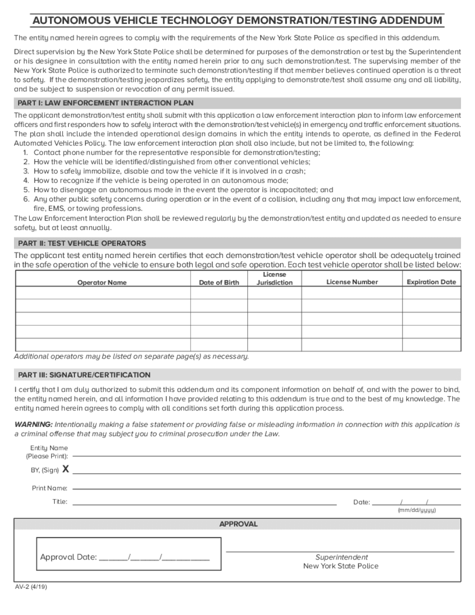  Autonomous Vehicle Technology DemonstrationTesting Addendum DemonstrationTesting Addendum 2019-2024