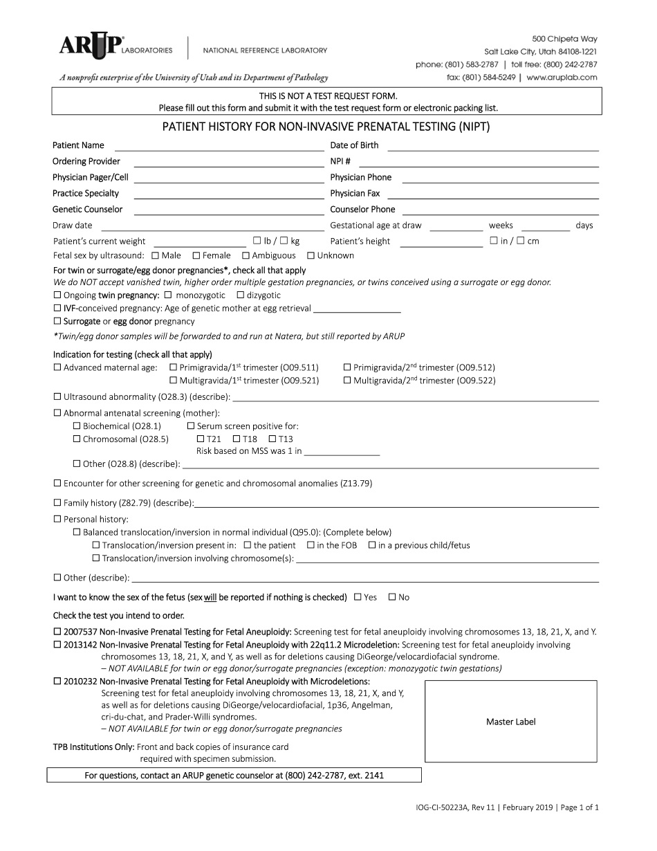  PATIENT HISTORY for NON INVASIVE PRENATAL TESTING 2019