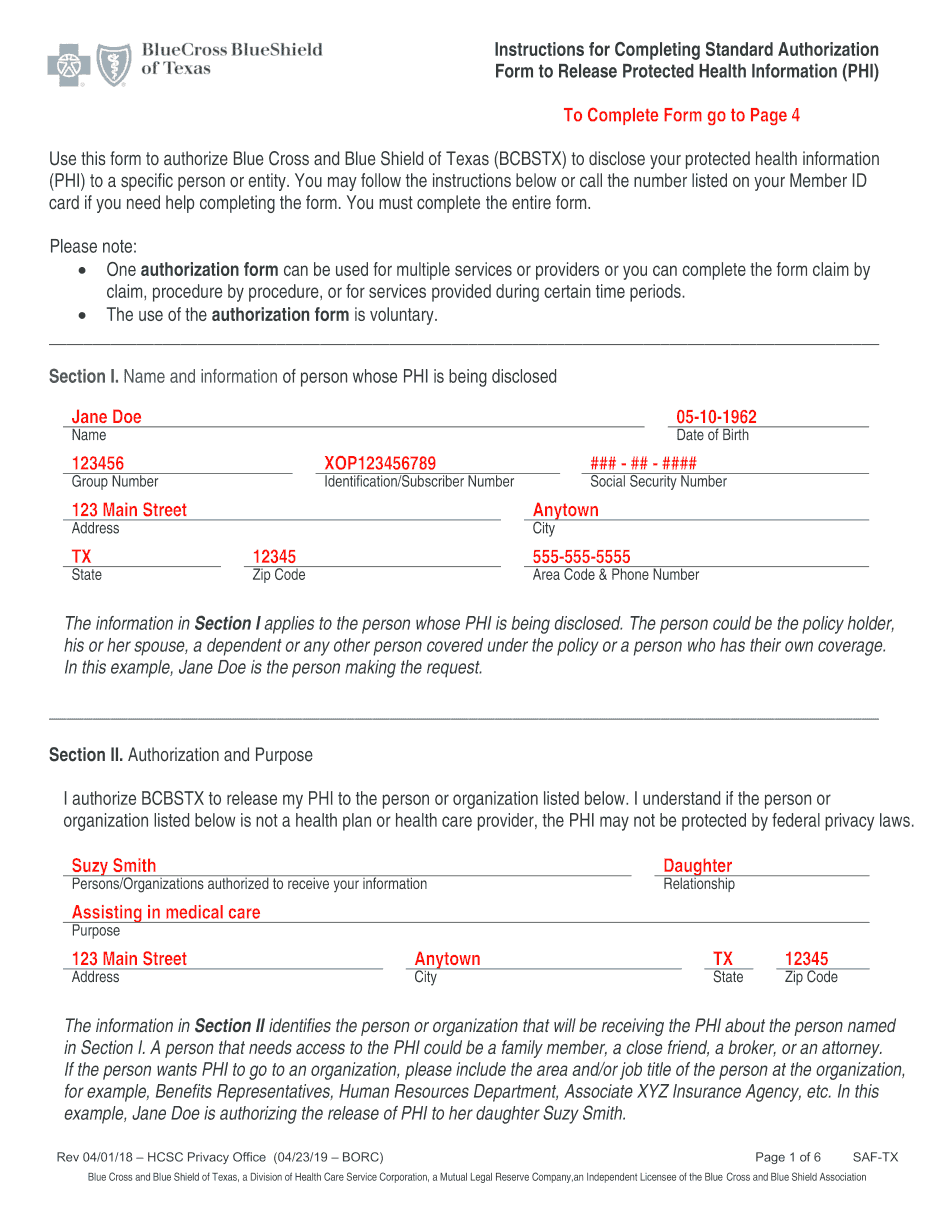  HCSC Instructions for Completing Standard Authorization Form 2019-2024