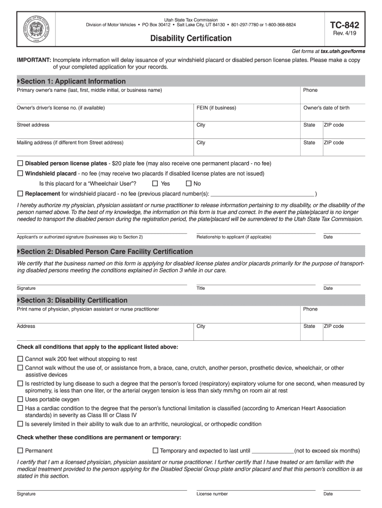 Handicap Placard Utah  Form