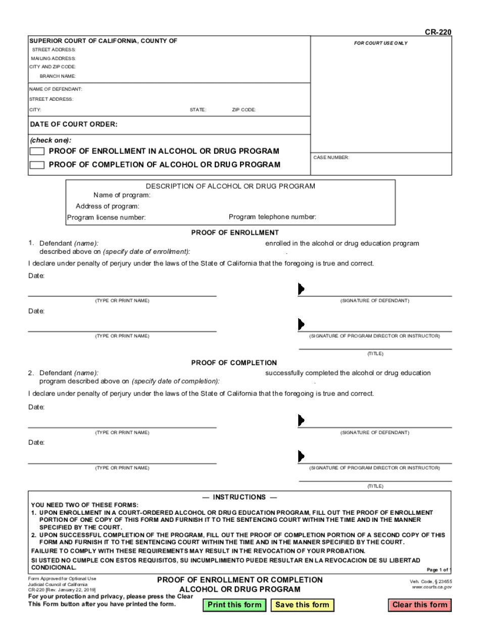 CR 220 Proof of Enrollment or Completion Alcohol or Drug Program  Form