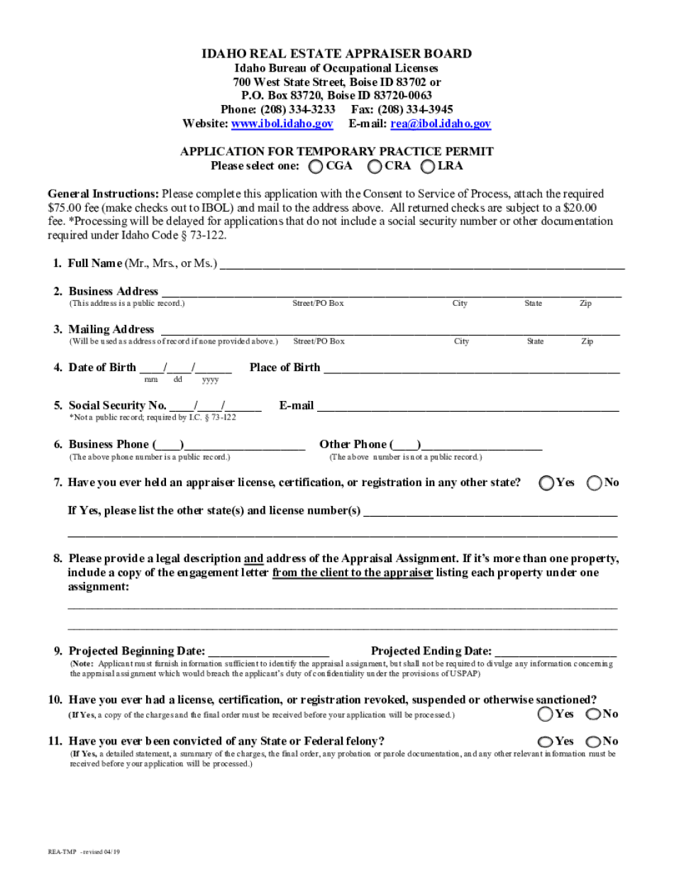 REA Appraiser Temporary Permit Application Fee Change Draft DOCX  Form