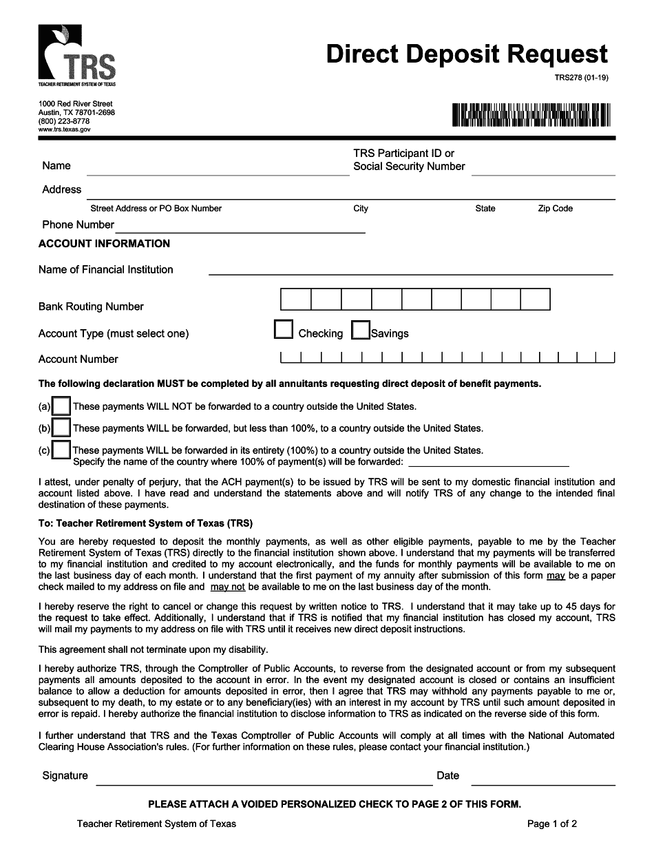  Form TRS78 Direct Deposit Request Form TRS78 Direct Deposit Request 2019