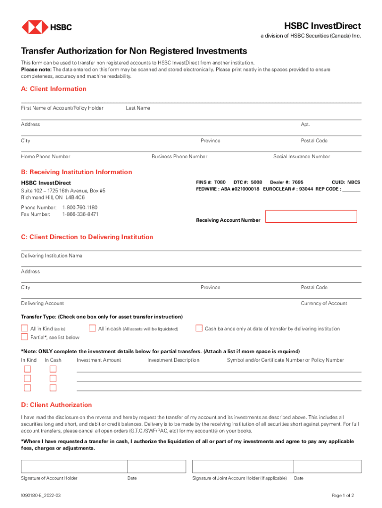  Transfer Authorization for Registered Investments HSBC Canada 2022-2024