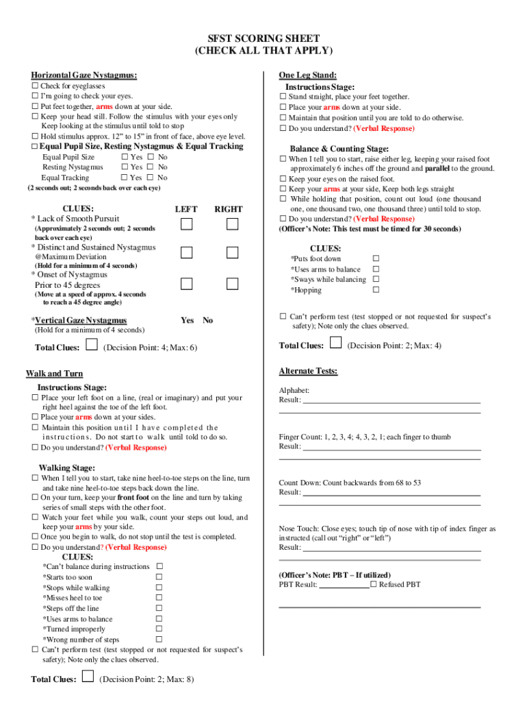 Sfst Scoring Sheet  Form