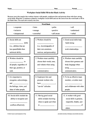 Workplace Social Skills Fill in the Blank Activity  Form