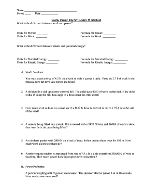 Work Power and Energy Worksheet  Form