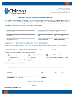  as a Childrens Community Health Plan Member, You Can Use This Personal Health Information PHI Authorization Form Wh En You Want  2017