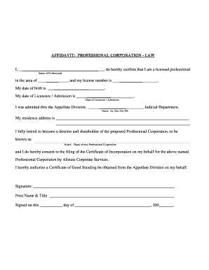 AFFIDAVIT PROFESSIONAL CORPORATION LAW  Form