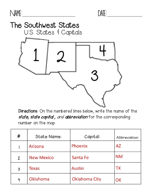 Southwest States and Capitals and Abbreviations  Form