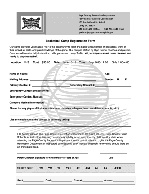Basketball Camp Registration Form SHIRT SIZE YS YM YL YXL as
