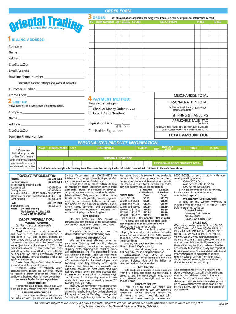  Oriental Trading Order Form 2019-2024