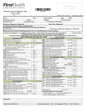 Physicians Order for Diagnostics MRIMoore Campus Template  Form