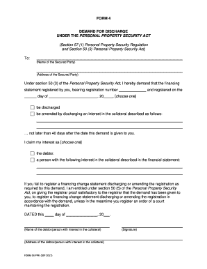 Demand for Discharge under the Personal Property Security Act Use This Form to Demand a Discharge under the Personal Property Se