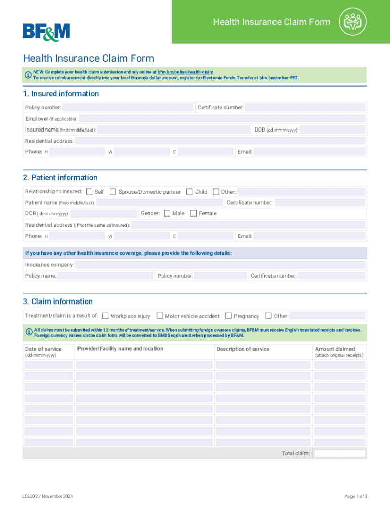  Health Insurance Claim Form BF&amp;M 2021-2024