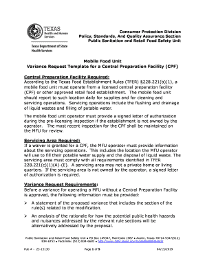 Mobile Food Unit Variance Request Template for a Central  Form