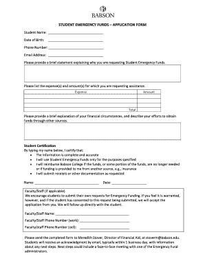 STUDENT EMERGENCY FUNDS APPLICATION FORM