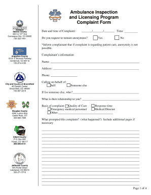 Ambulance Inspection and Licensing Program Complaint Form