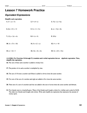 Lesson 7 Homework Practice Equivalent Expressions Answer Key  Form