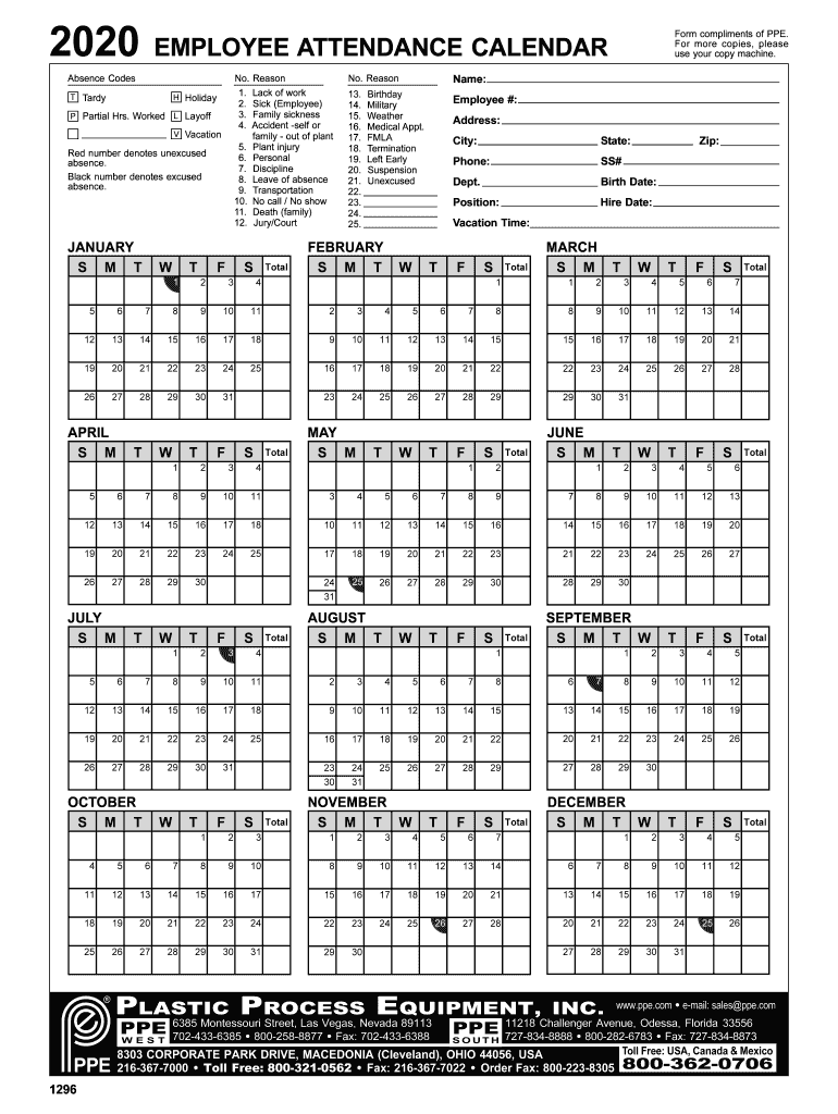 Printable Employee Attendance Calendar PDF  Form