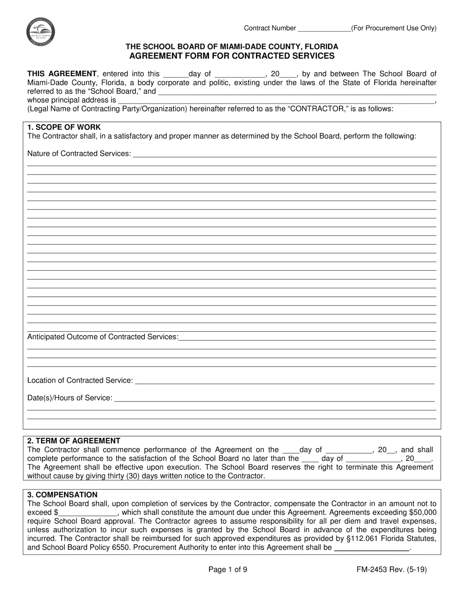 Contract Number  Forms  Miami Dade County Public Schools