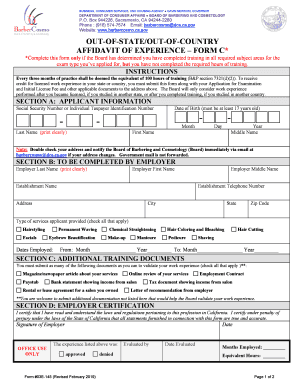  Board of Barbering and Cosmotology Out of StateOut of Country Affidavit of Experience Form C Ossae Board of Barbering and Cosmot 2019-2024