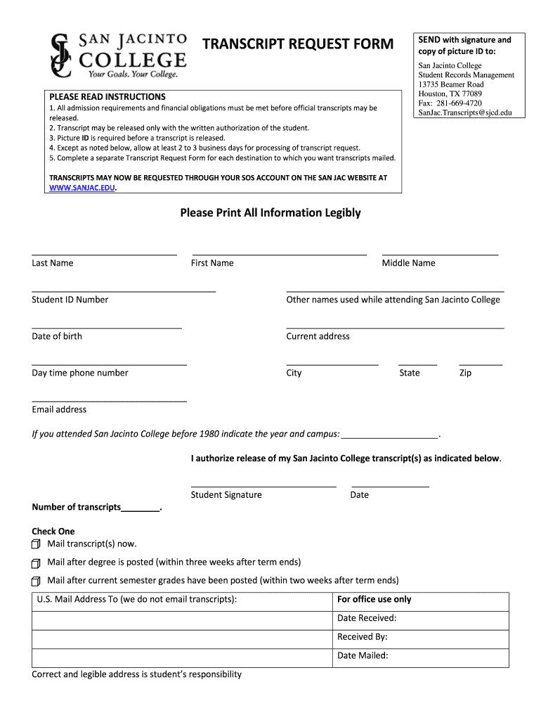 Get and Sign San Jacinto College Transcript Request  Form