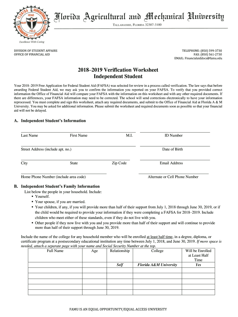  FAMU Verification Worksheet Independent 2018