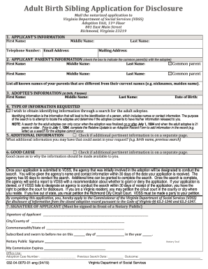 Adult Birth Sibling Application for Disclosure  Form