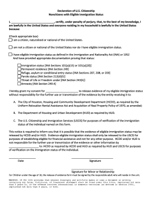 Declaration of U S Citizenship Noncitizens with Eligible Immigration  Form