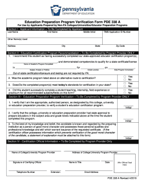  Education Preparation Program Verification Form PDE 338 a 2019-2024