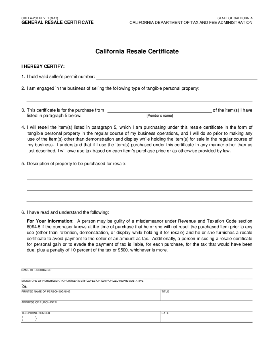  California Resale Certificate CDTFA 230 2017-2024