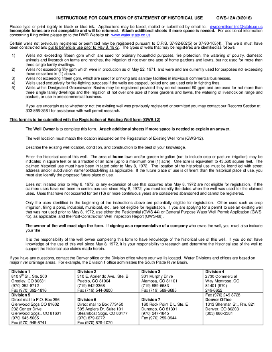  INSTRUCTIONS for COMPLETION of STATEMENT of HISTORICAL USE 2016-2024