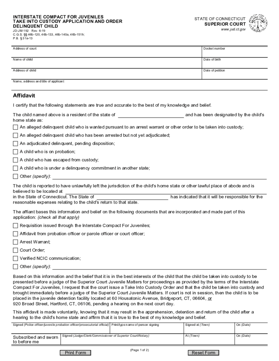  INTERSTATE COMPACT for JUVENILESTAKE into CUSTODY APPLICATION and ORDERDELINQUENT CHILD 2019-2024