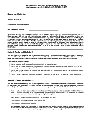 Non Resident Alien Nra Certification Statement  Form