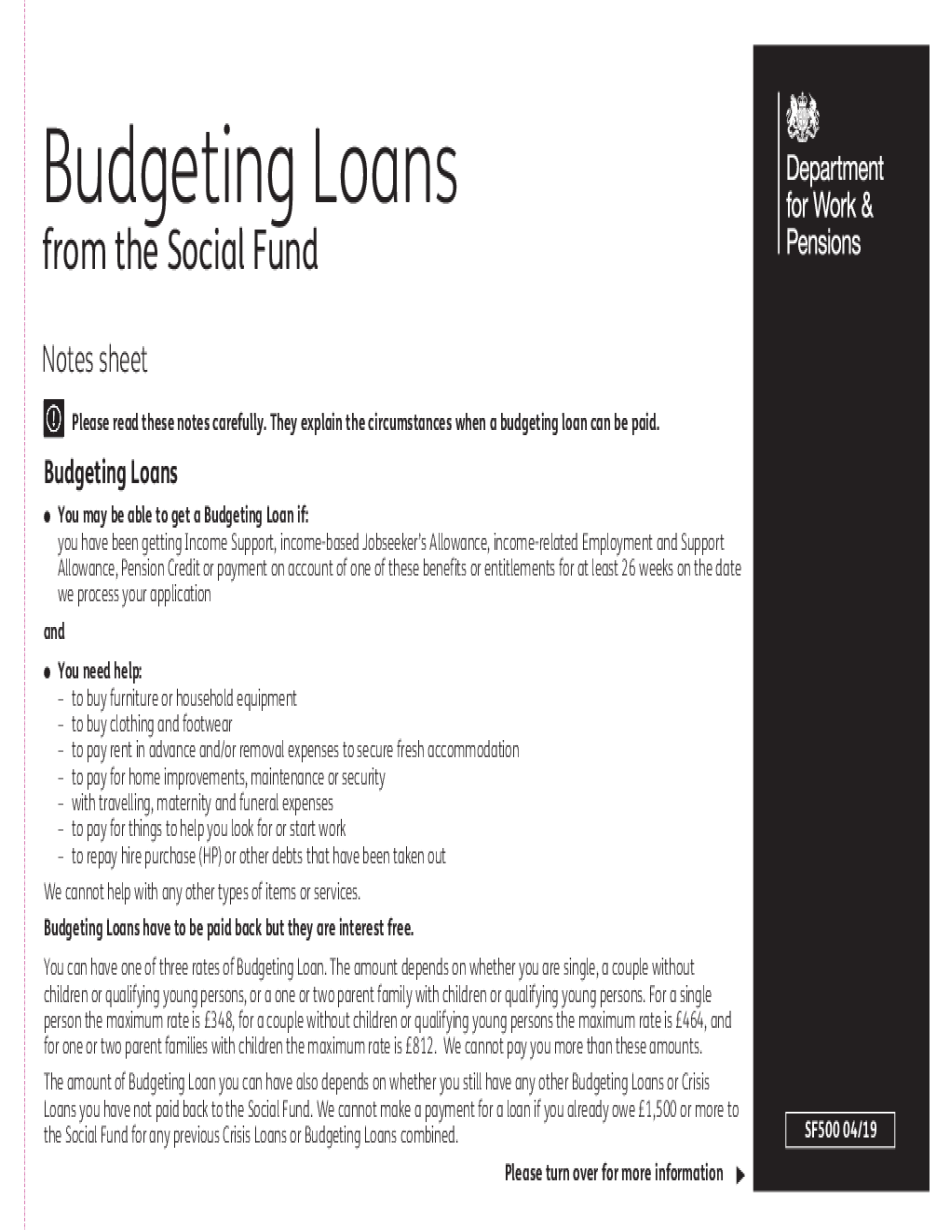  SF500 Budgeting Loan Claim Form You Can Fill in on Screen, Print and Sign with a Pen 2019-2024