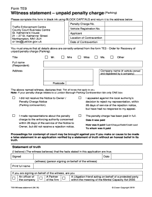 TE9 Witness Statement Unpaid Penalty Charge Parking  Form