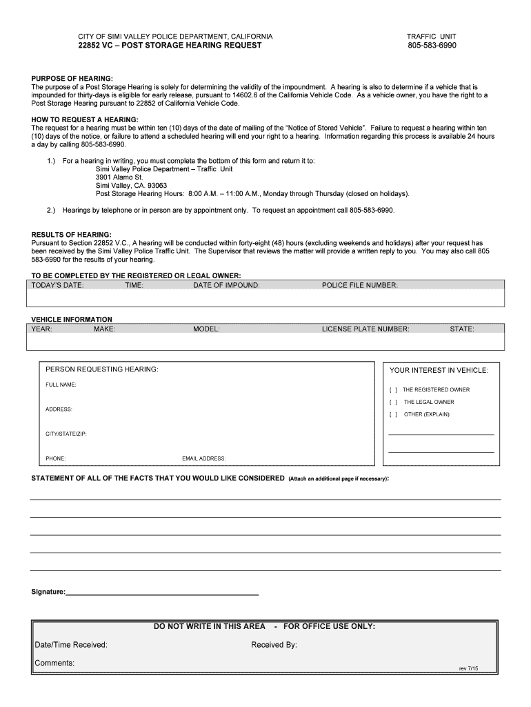Post Storage Hearing Request Form